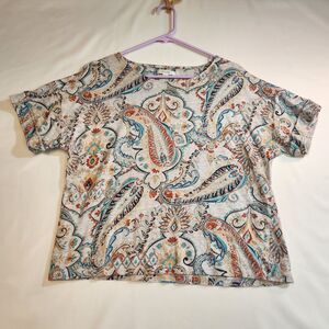 Chico Womens Top Shirt Colorful Paisley Size 2 Med Short Sleeve Round Neck